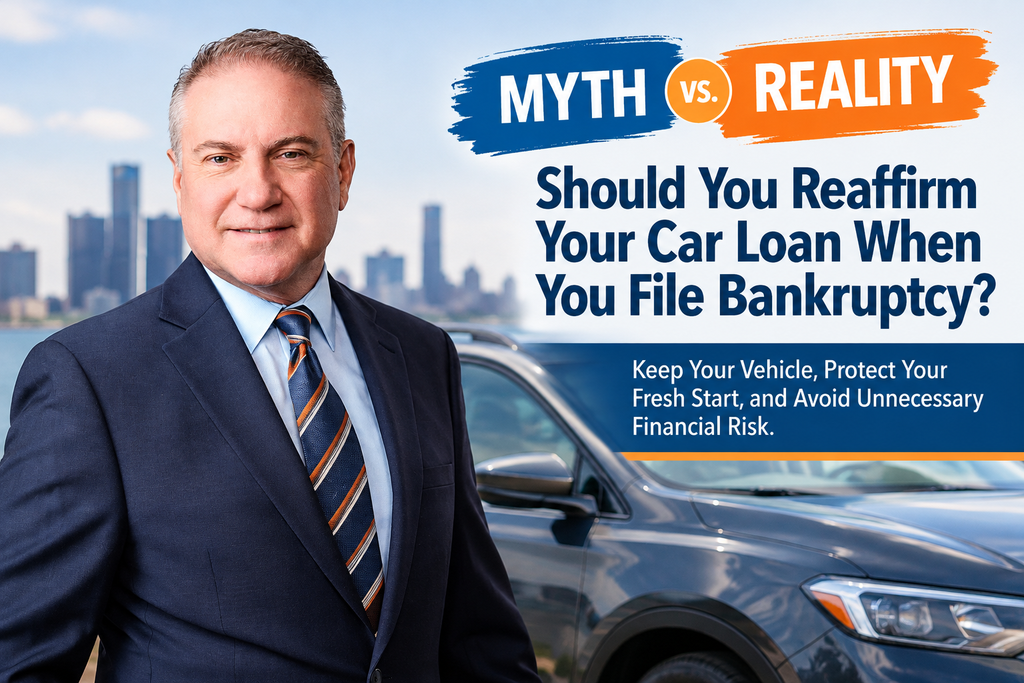 Walter Metzen, Michigan bankruptcy attorney, standing beside a vehicle in a Myth vs. Reality graphic explaining whether you should reaffirm your car loan when filing Chapter 7 bankruptcy.