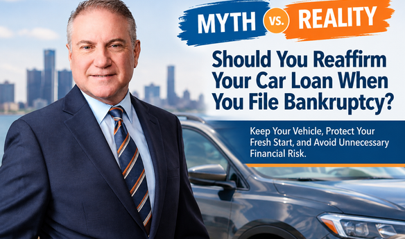 Walter Metzen, Michigan bankruptcy attorney, standing beside a vehicle in a Myth vs. Reality graphic explaining whether you should reaffirm your car loan when filing Chapter 7 bankruptcy.