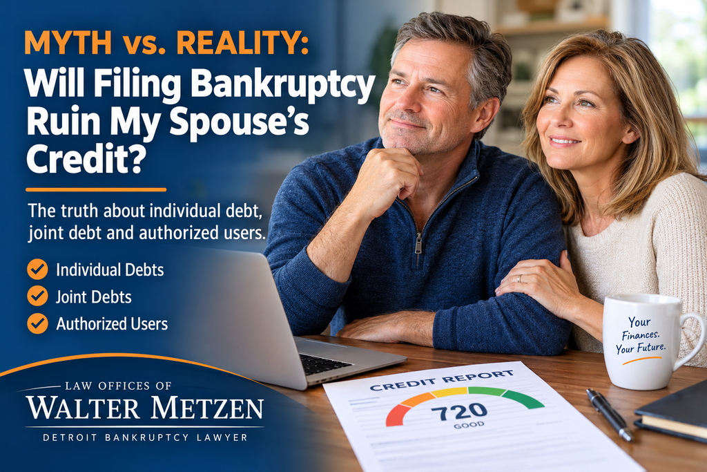 Michigan bankruptcy attorney Walter Metzen blog graphic featuring a married couple reviewing finances, illustrating whether filing bankruptcy ruins a spouse’s credit.