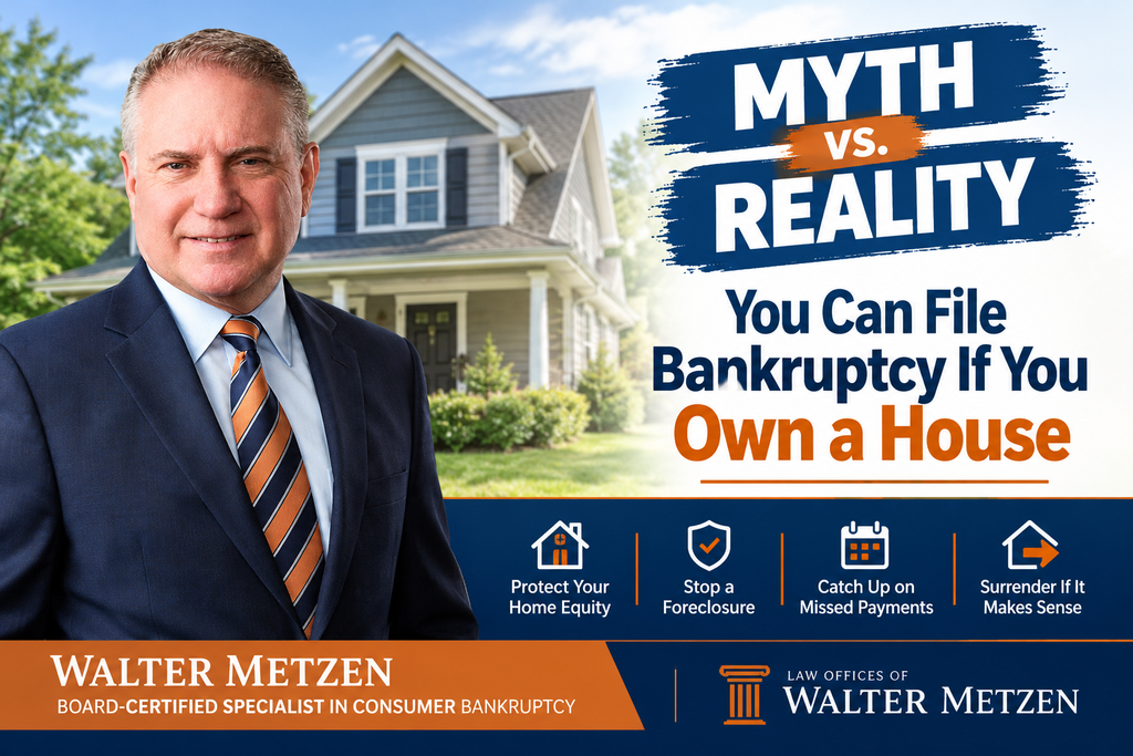 Walter Metzen, Michigan bankruptcy attorney, featured in a Myth vs. Reality banner explaining that you can file bankruptcy if you own a house and may be able to protect your home equity.