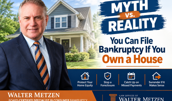 Walter Metzen, Michigan bankruptcy attorney, featured in a Myth vs. Reality banner explaining that you can file bankruptcy if you own a house and may be able to protect your home equity.