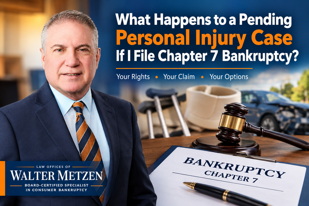 Walter Metzen, Board-Certified Specialist in Consumer Bankruptcy, explaining what happens to a pending personal injury case when filing Chapter 7 bankruptcy, including bankruptcy rights, personal injury claims, and legal options.