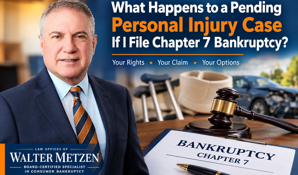 Walter Metzen, Board-Certified Specialist in Consumer Bankruptcy, explaining what happens to a pending personal injury case when filing Chapter 7 bankruptcy, including bankruptcy rights, personal injury claims, and legal options.